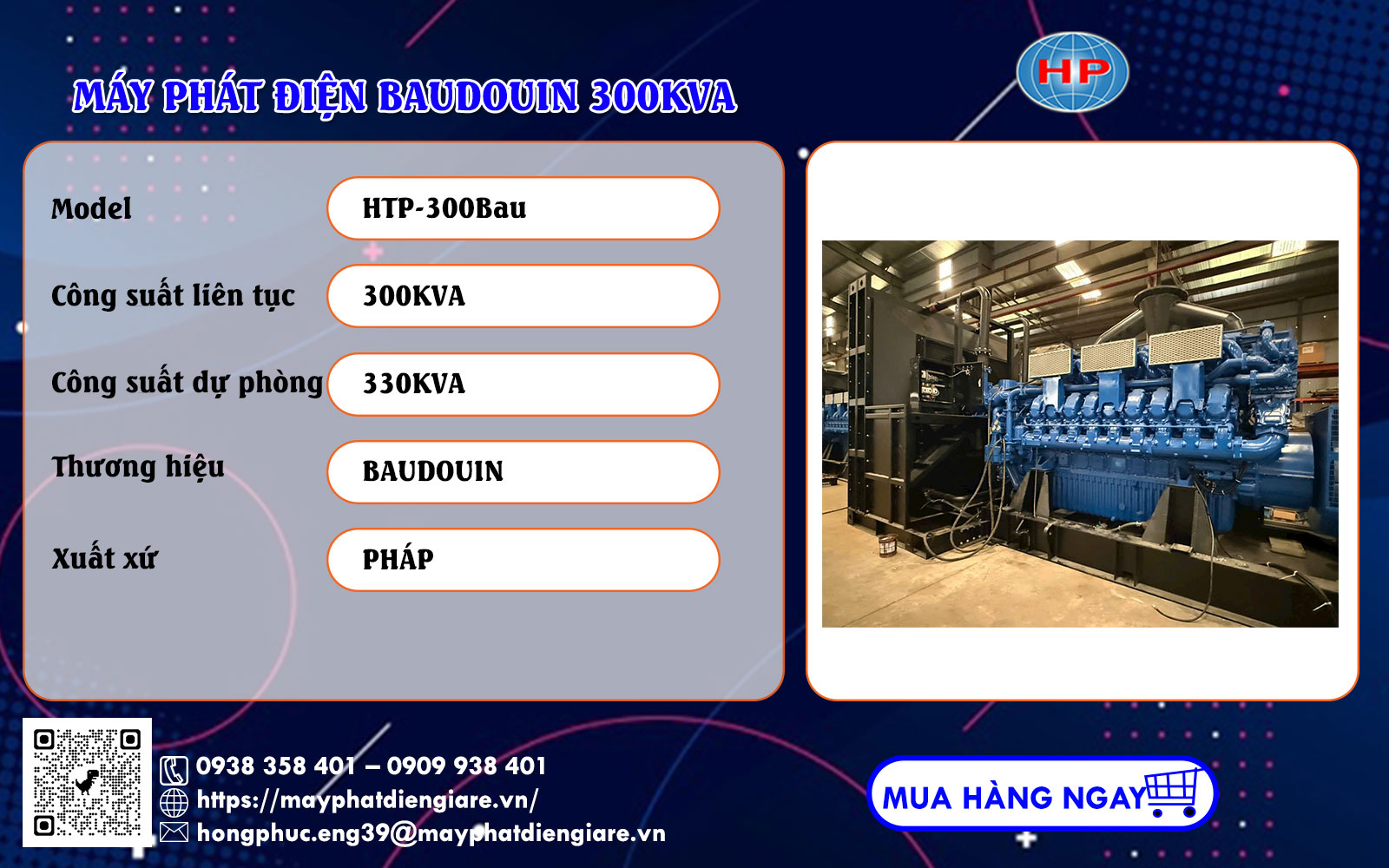 Máy phát điện Baudouin 300kVA động cơ 6M16G350/5 đầu phát Leroy Somer