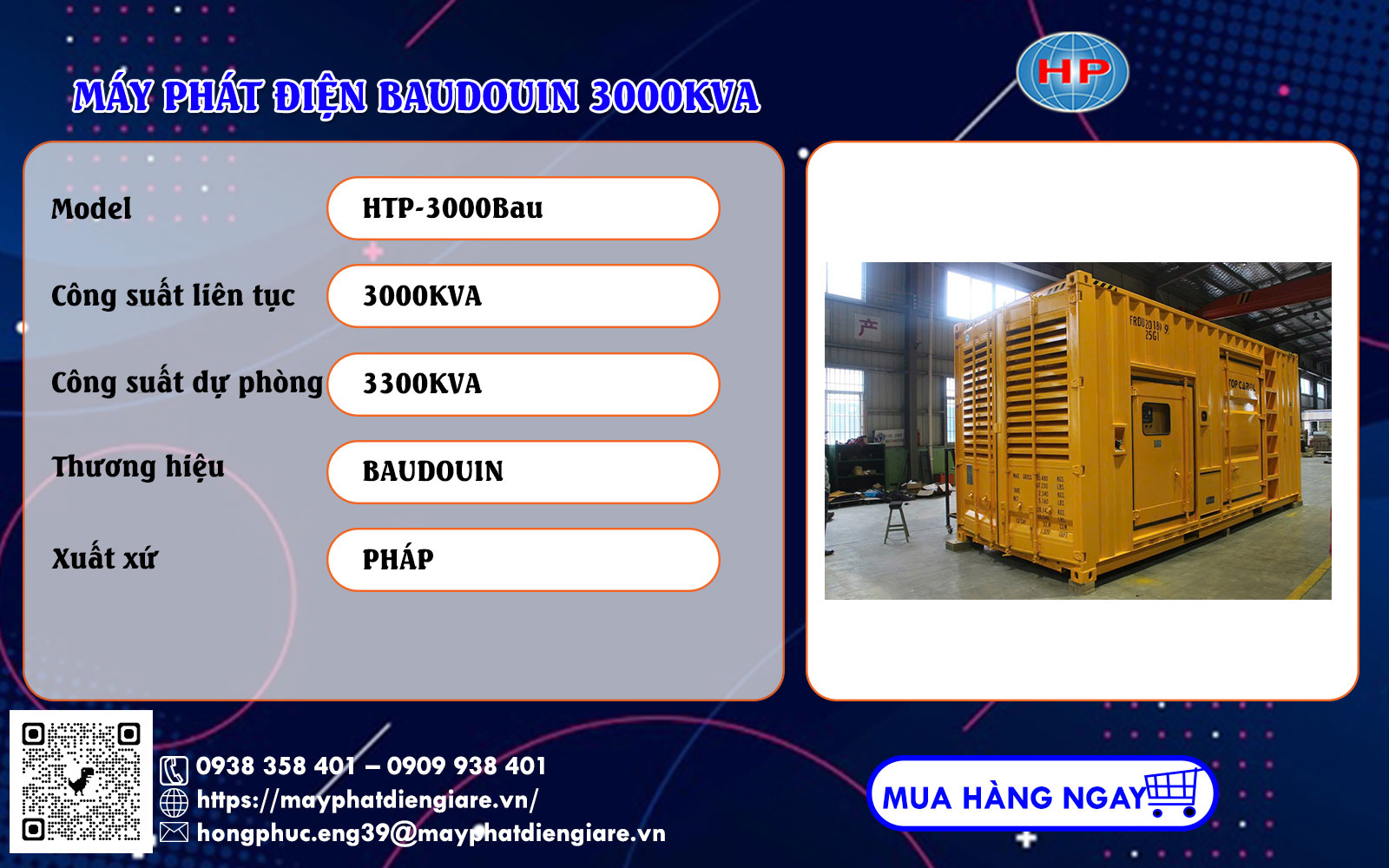 Máy phát điện Baudouin 3000kVA động cơ 16M55G3300/5 đầu phát Leroy Somer
