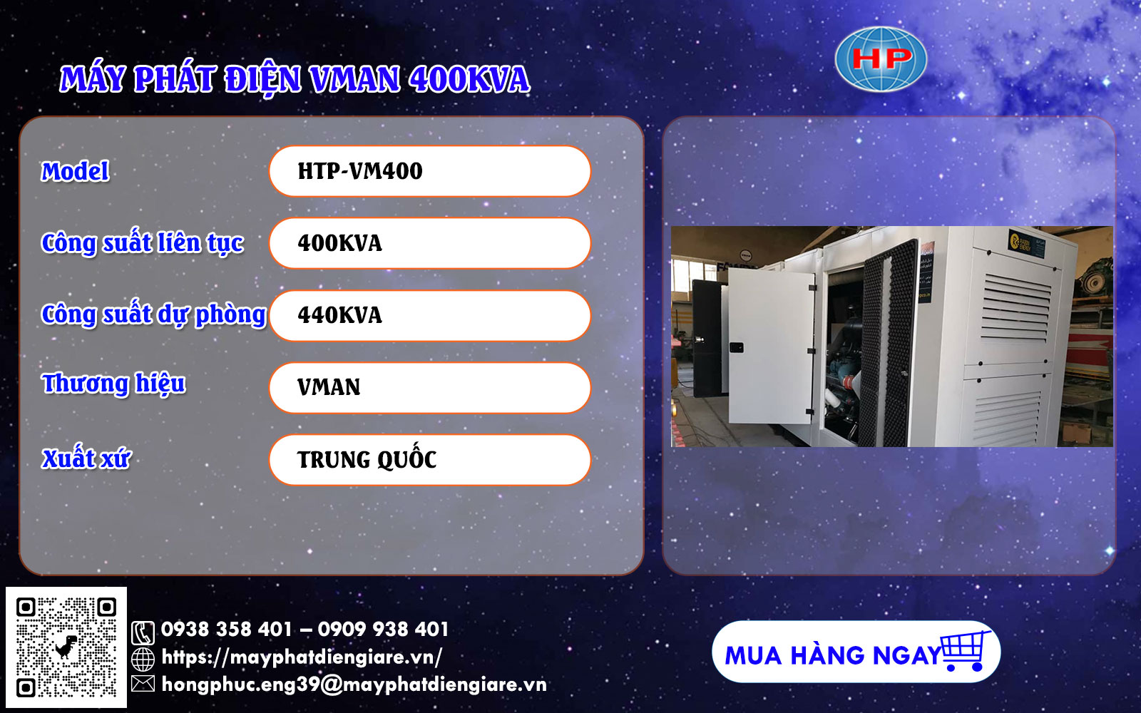 Máy phát điện Vman 400kVA động cơ D15A1 hệ thống công nghiệp