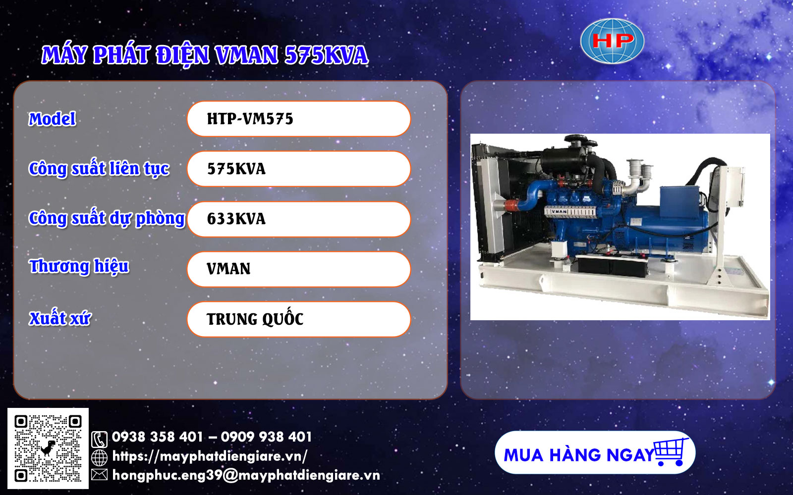 Máy phát điện Vman 575kVA động cơ D22A2 công suất lớn