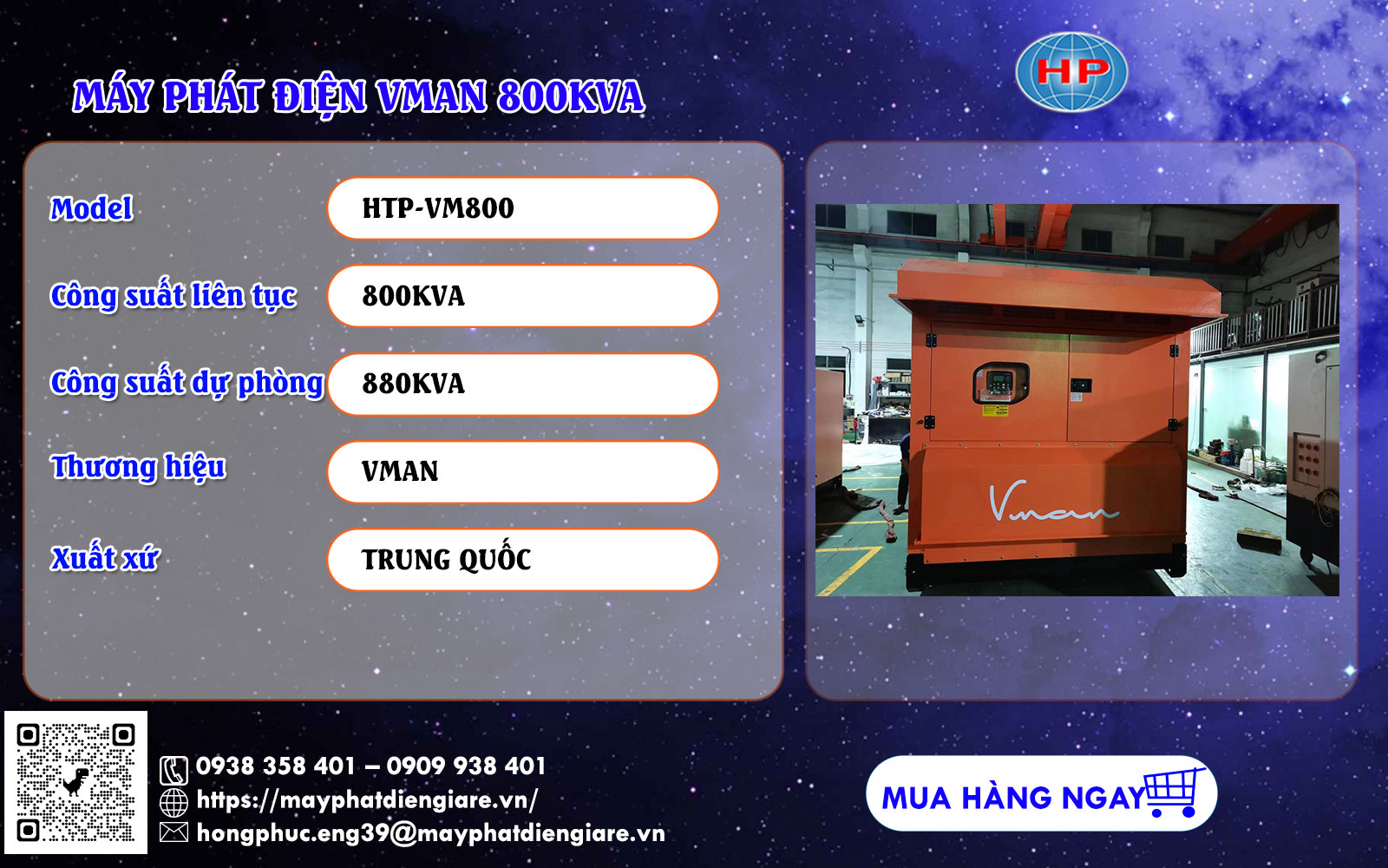 Máy phát điện Vman 800kVA động cơ D30A3 cho bệnh viện và nhà máy