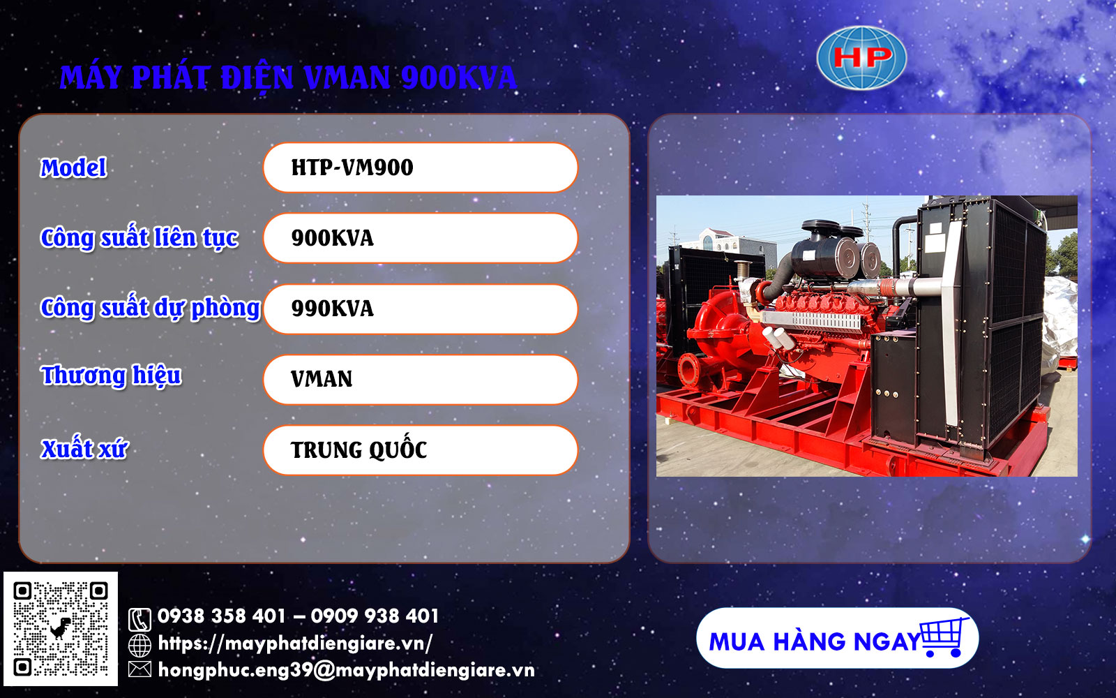 Máy phát điện Vman 900kVA động cơ D30A2 công suất cao