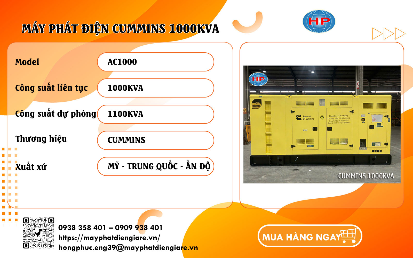 Máy phát điện Cummins 1000kVA công nghiệp