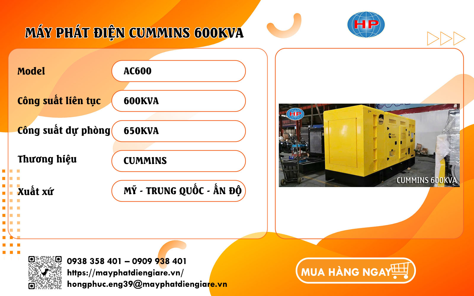 Máy phát điện Cummins 600kVA diesel công nghiệp