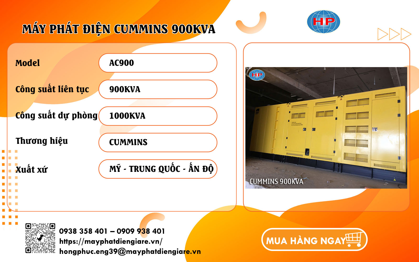 Máy phát điện Cummins 900kVA công suất lớn chống ồn