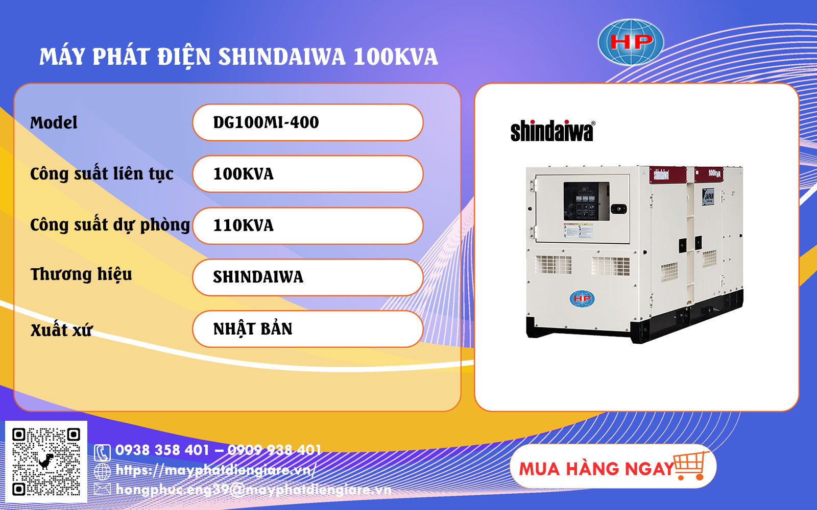 Máy phát điện Shindaiwa 100kVA động cơ Isuzu DD-6BG1T công suất lớn 3 pha