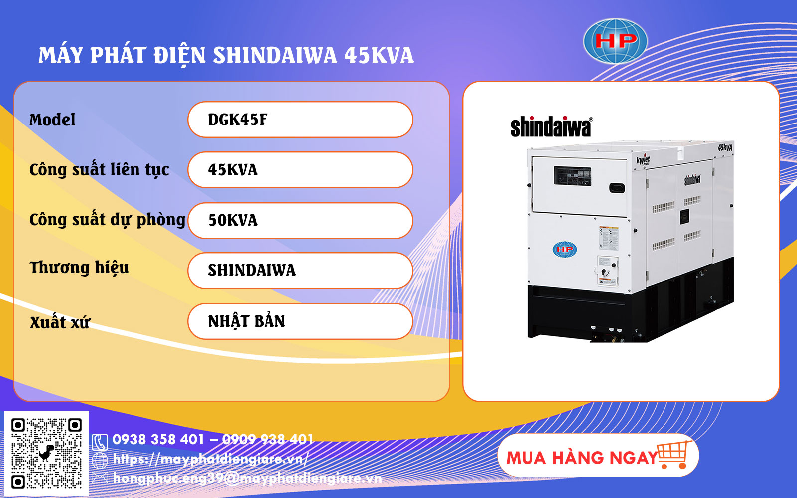 Máy phát điện Shindaiwa 45kVA động cơ Isuzu 4LE2X nhỏ gọn bền bỉ