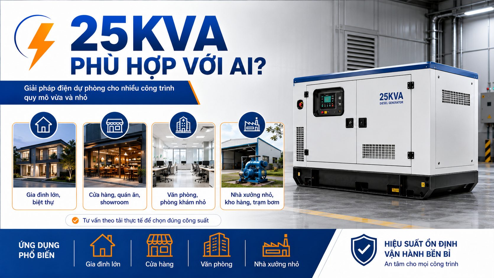 Máy phát điện 25kVA phù hợp cho biệt thự cửa hàng văn phòng phòng khám kho hàng và nhà xưởng nhỏ
