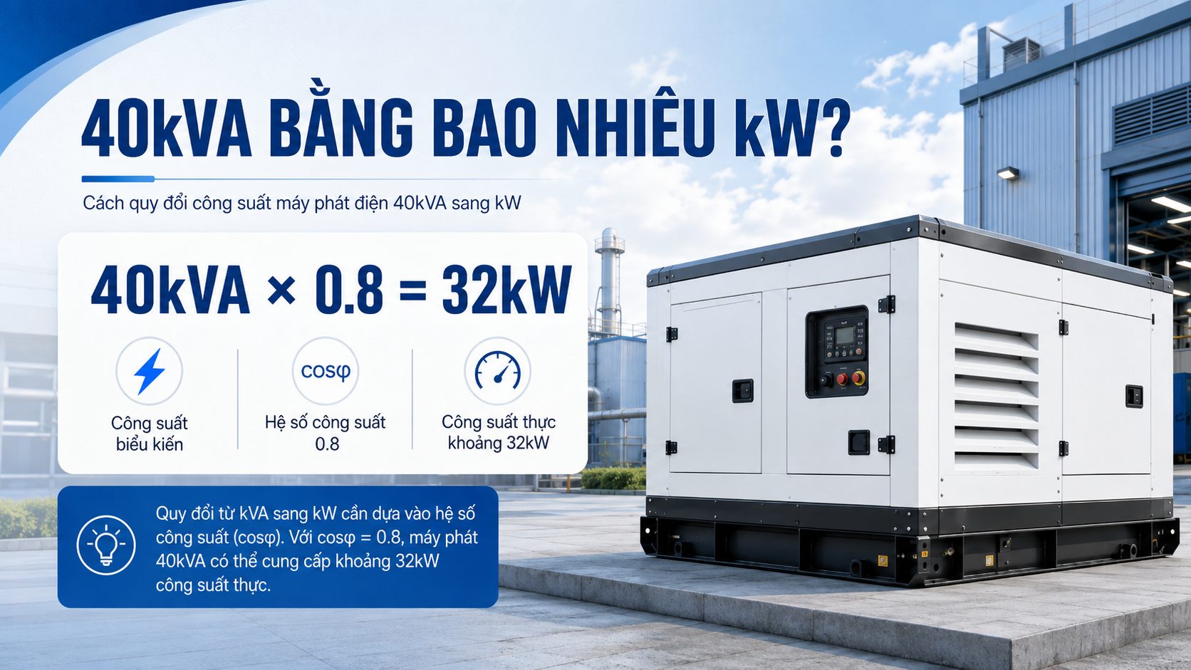 Cách quy đổi máy phát điện 40kVA sang khoảng 32kW theo hệ số công suất 0.8