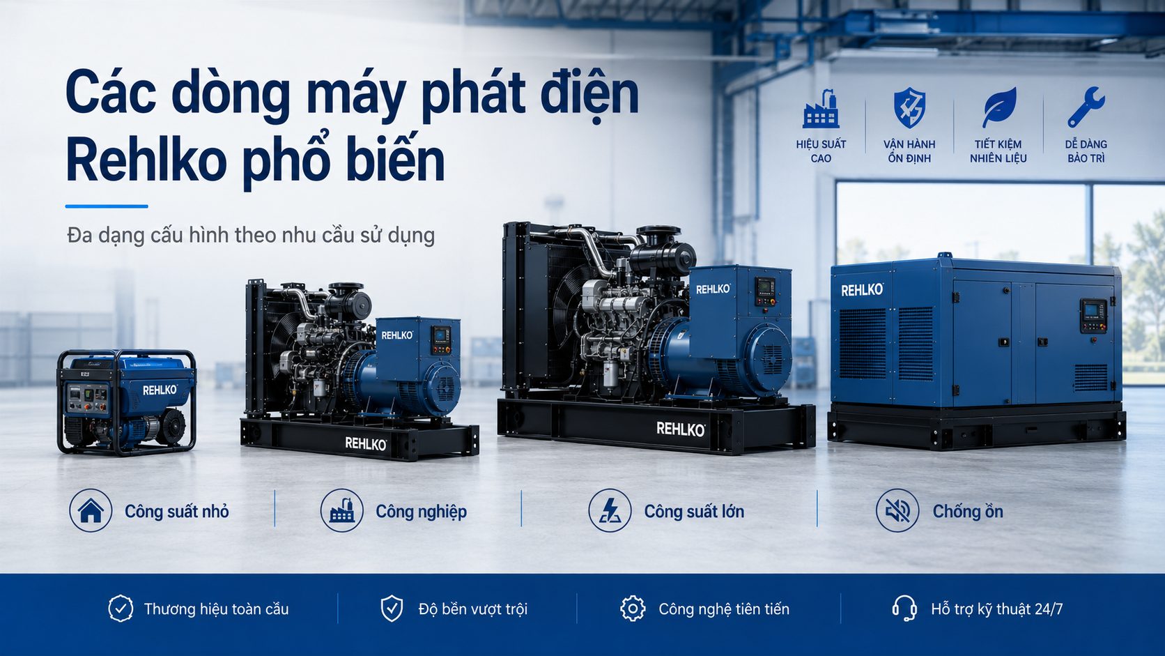 Các dòng máy phát điện Rehlko phổ biến gồm công suất nhỏ, công nghiệp, công suất lớn và chống ồn