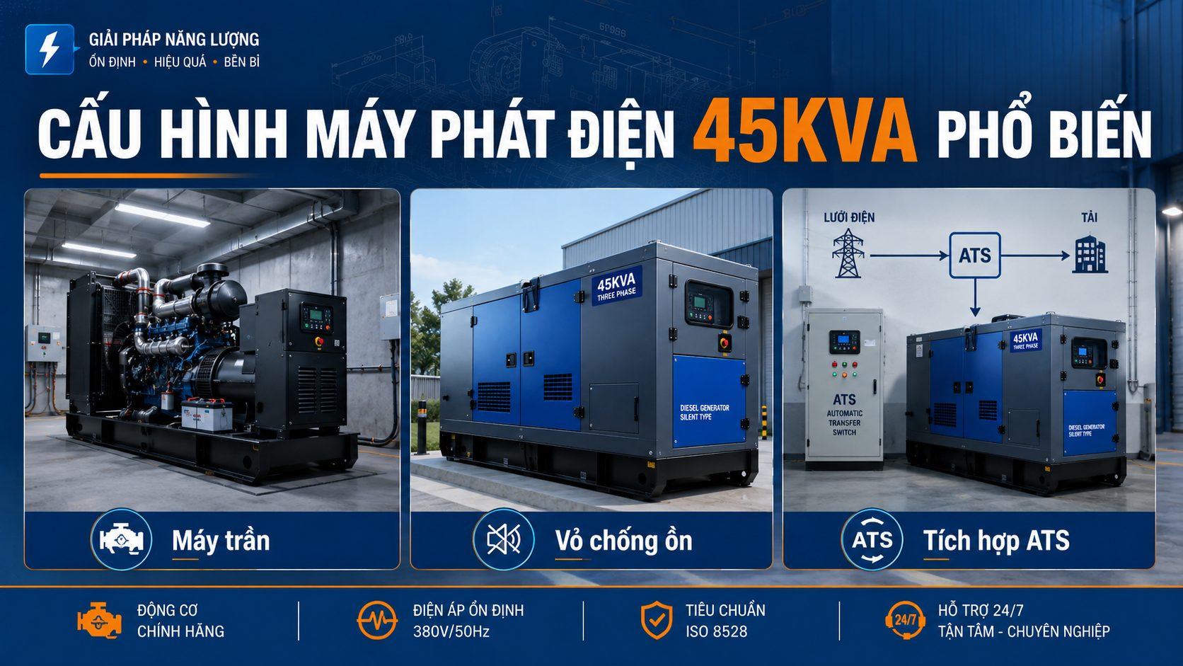 Các cấu hình máy phát điện 45kVA phổ biến gồm máy trần, máy vỏ chống ồn và máy tích hợp tủ ATS