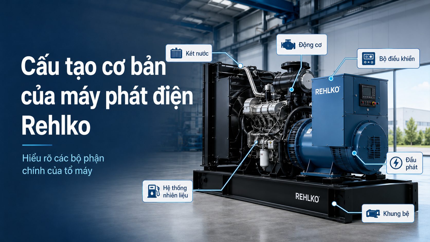 Cấu tạo cơ bản của máy phát điện Rehlko gồm động cơ, đầu phát, bộ điều khiển, két nước và khung bệ