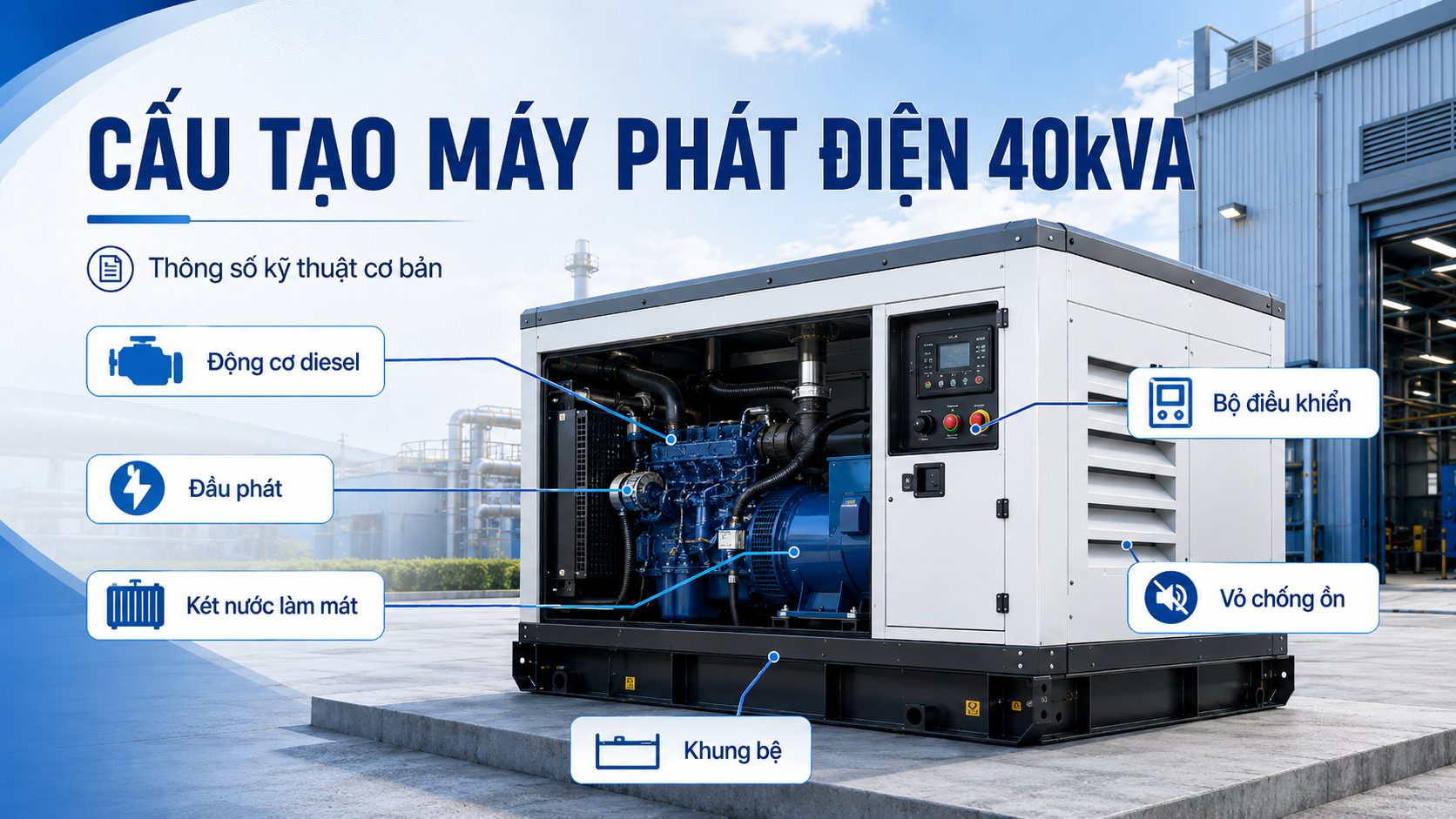 Cấu tạo máy phát điện 40kVA gồm động cơ diesel, đầu phát, bộ điều khiển, két nước và vỏ chống ồn