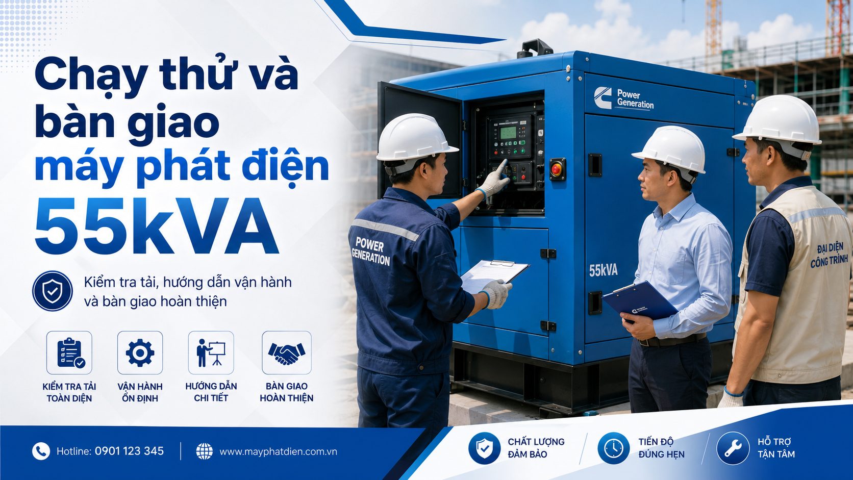 Kỹ thuật viên chạy thử và bàn giao máy phát điện 55kVA cho khách hàng