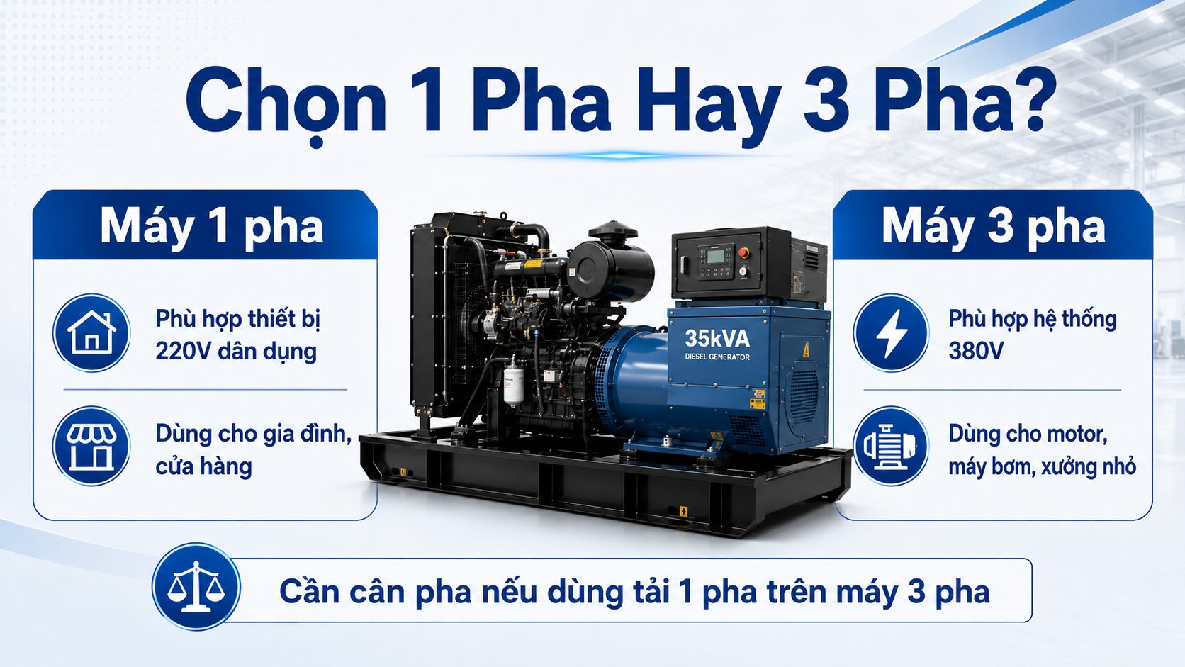 So sánh máy phát điện 35kVA 1 pha và 3 pha theo nhu cầu sử dụng điện 220V và 380V