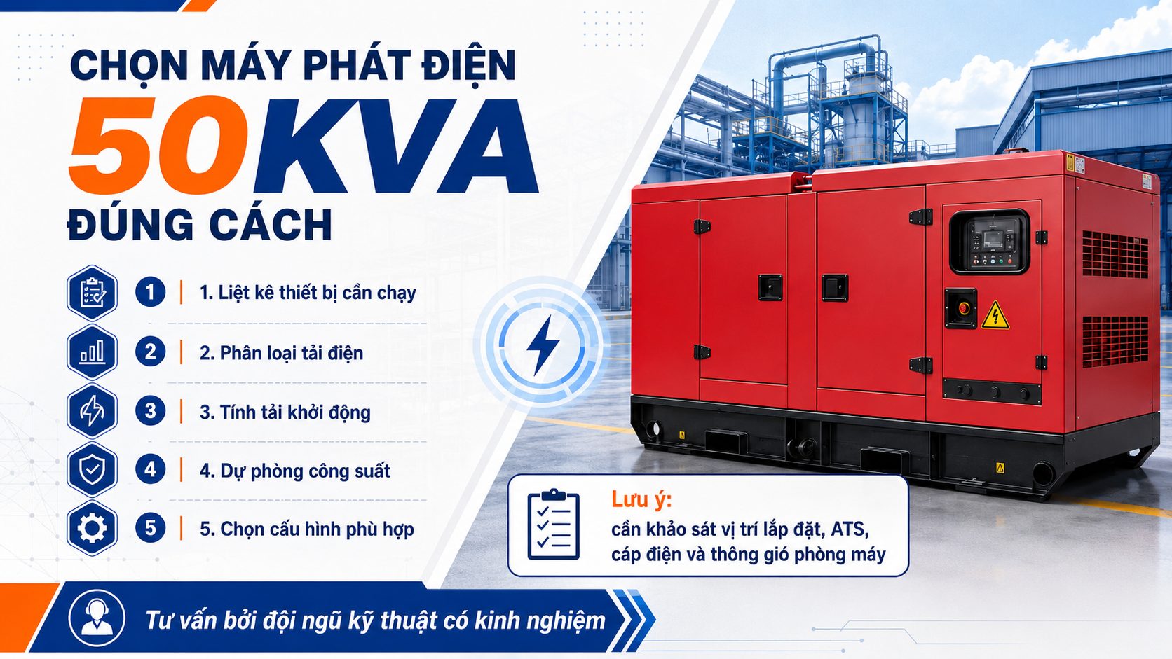 Hướng dẫn chọn máy phát điện 50kVA đúng công suất theo thiết bị sử dụng, tải khởi động và cấu hình lắp đặt