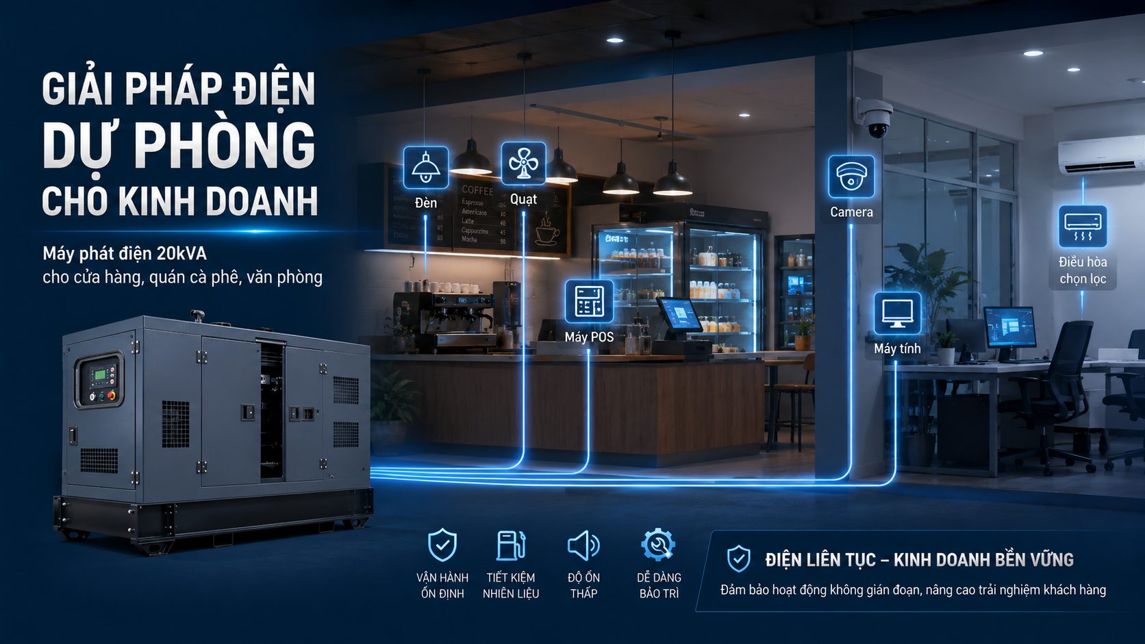 Máy phát điện 20kVA dùng cho cửa hàng, quán cà phê và văn phòng, đảm bảo hoạt động kinh doanh không bị gián đoạn khi mất điện