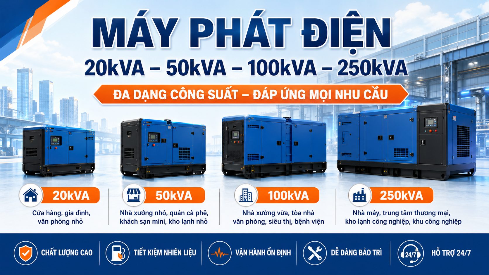 Máy phát điện 20kVA, 50kVA, 100kVA và 250kVA phù hợp cho từng nhu cầu công trình