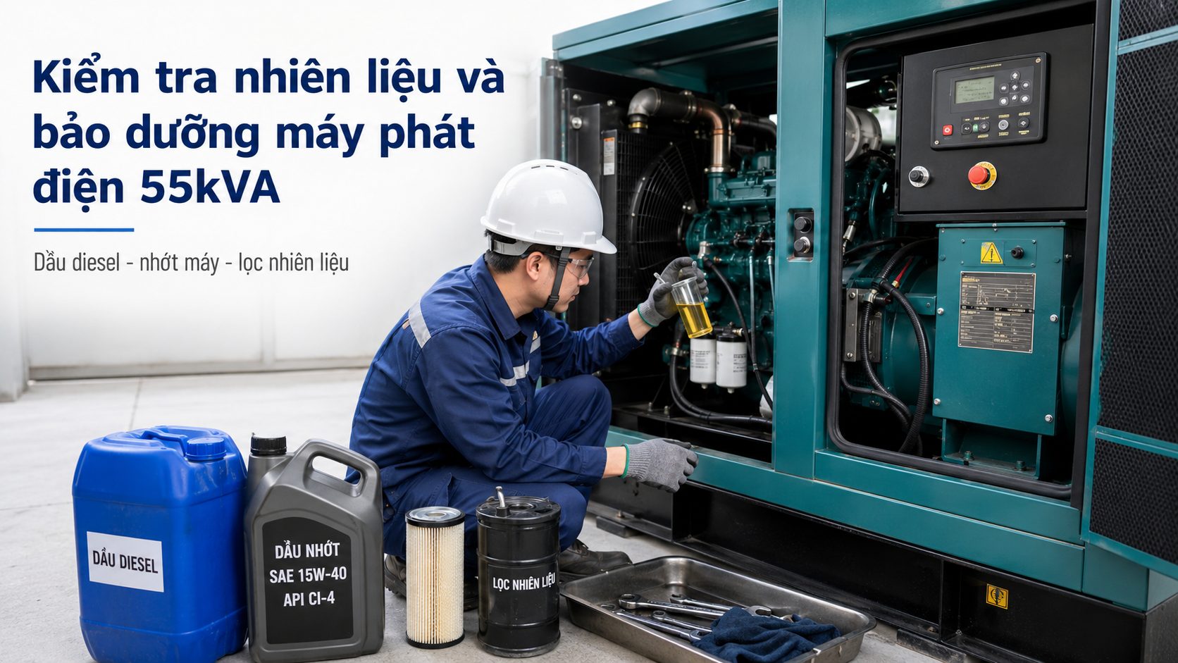 Kỹ thuật viên kiểm tra dầu diesel và bảo dưỡng máy phát điện 55kVA