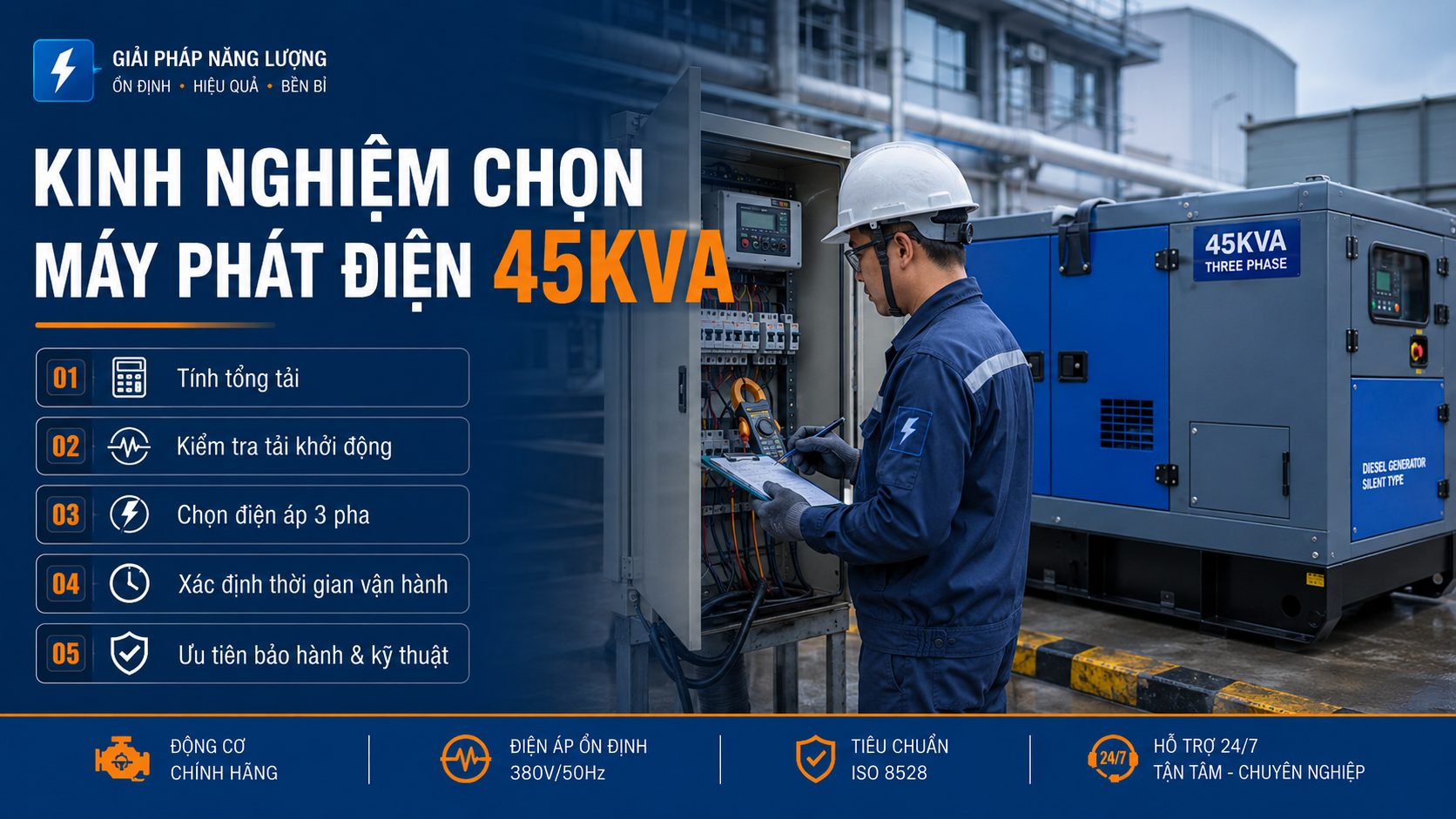 Kỹ thuật viên khảo sát tải điện và tư vấn chọn máy phát điện 45kVA phù hợp cho công trình