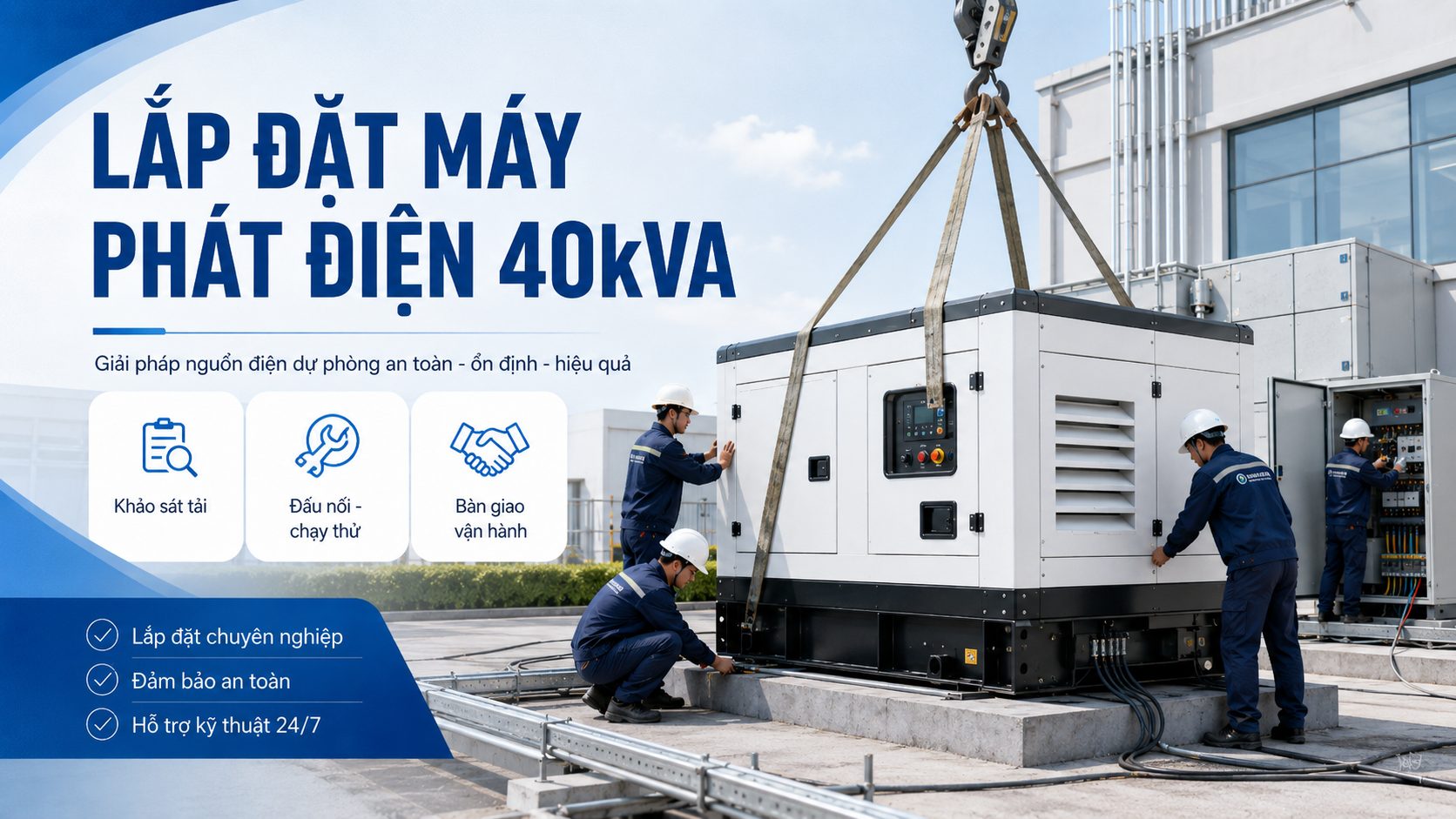 Lắp đặt máy phát điện 40kVA tại công trình với quy trình khảo sát tải, đấu nối, chạy thử và bàn giao