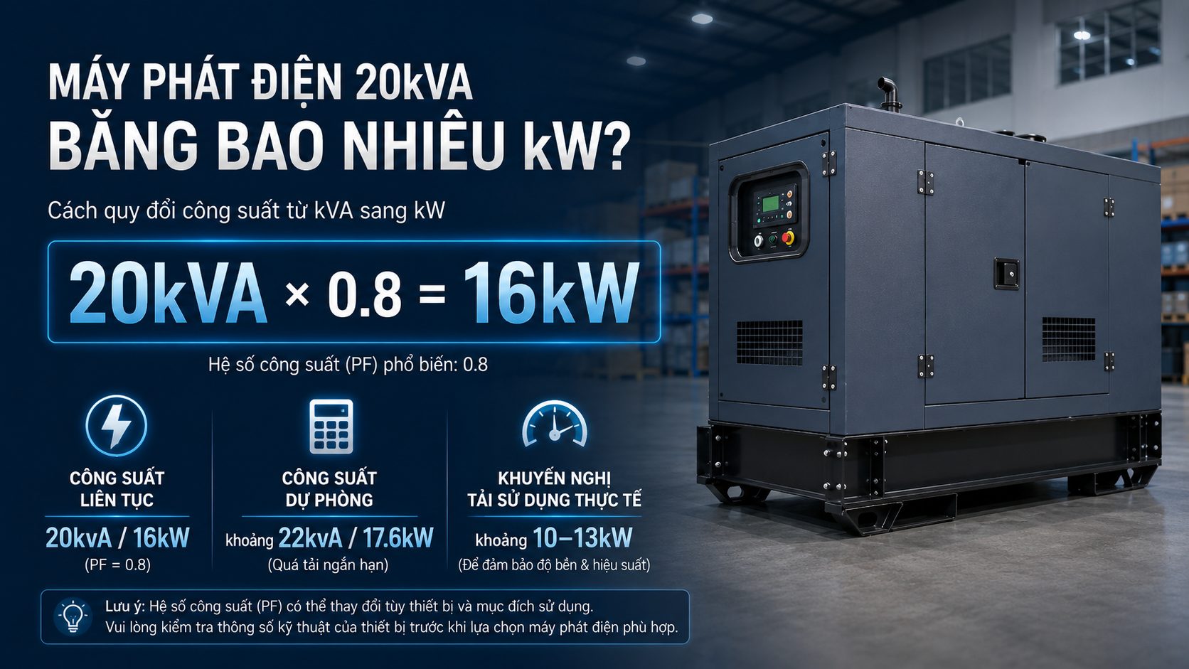 Infographic máy phát điện 20kVA bằng 16kW, hướng dẫn quy đổi công suất từ kVA sang kW và khuyến nghị tải sử dụng thực tế