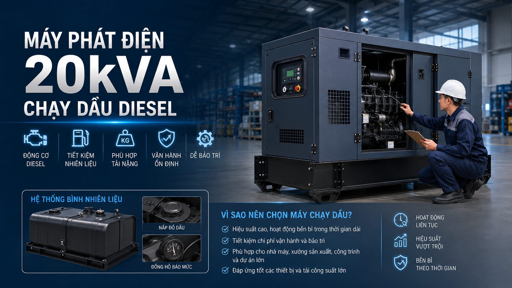 Máy phát điện 20kVA chạy dầu diesel với động cơ bền bỉ, tiết kiệm nhiên liệu, phù hợp tải nặng và nhu cầu vận hành ổn định
