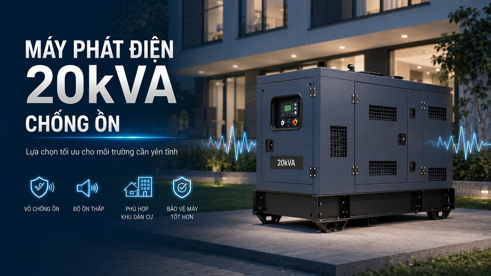 Máy phát điện 20kVA chống ồn đặt gần khu dân cư, văn phòng hoặc nhà ở, giúp giảm tiếng ồn và bảo vệ tổ máy tốt hơn