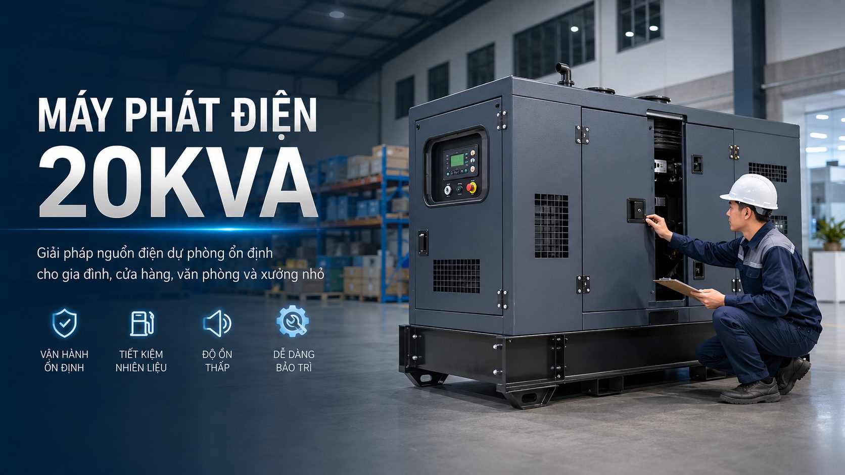 Máy phát điện 20kVA chống ồn được kỹ thuật viên kiểm tra tại kho, phù hợp làm nguồn điện dự phòng cho gia đình, cửa hàng, văn phòng và xưởng nhỏ