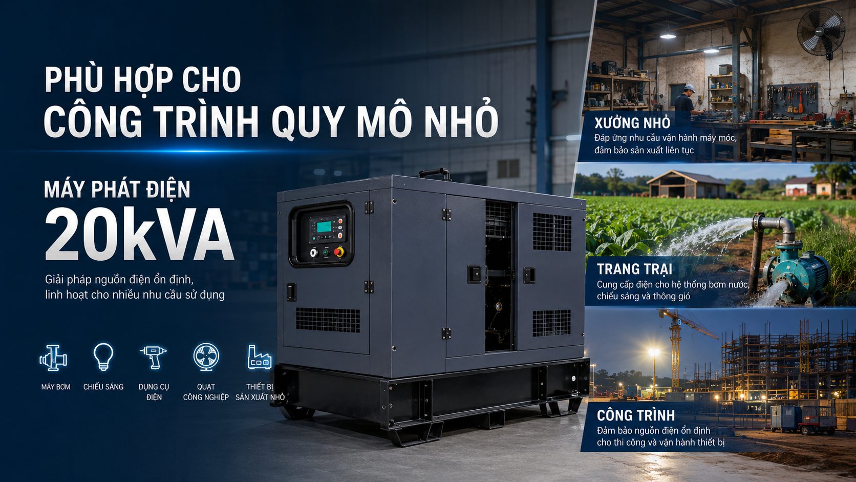 Máy phát điện 20kVA phù hợp cho xưởng nhỏ, trang trại và công trình, hỗ trợ vận hành máy bơm, chiếu sáng, dụng cụ điện và thiết bị sản xuất nhỏ