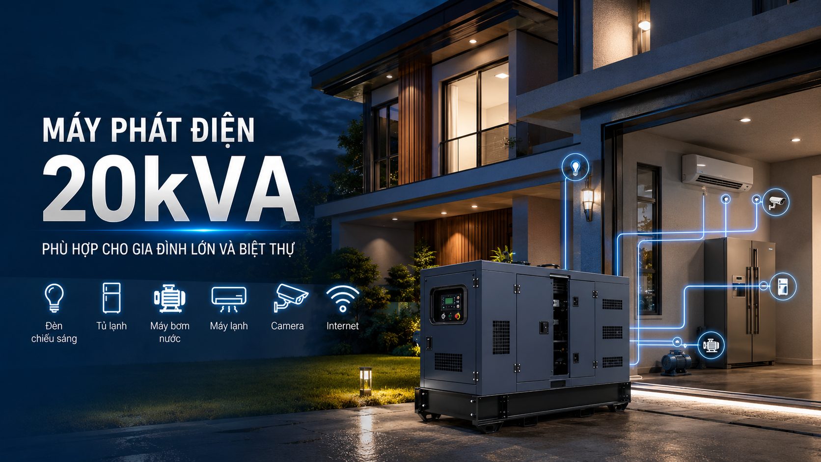 Máy phát điện 20kVA cấp điện dự phòng cho gia đình lớn, biệt thự, nhà phố với các thiết bị như đèn, tủ lạnh, máy bơm, máy lạnh, camera và internet
