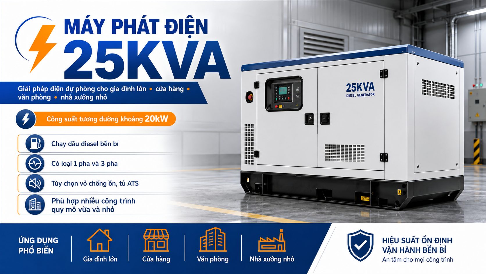 Máy phát điện 25kVA chạy dầu diesel phù hợp gia đình lớn cửa hàng văn phòng và nhà xưởng nhỏ