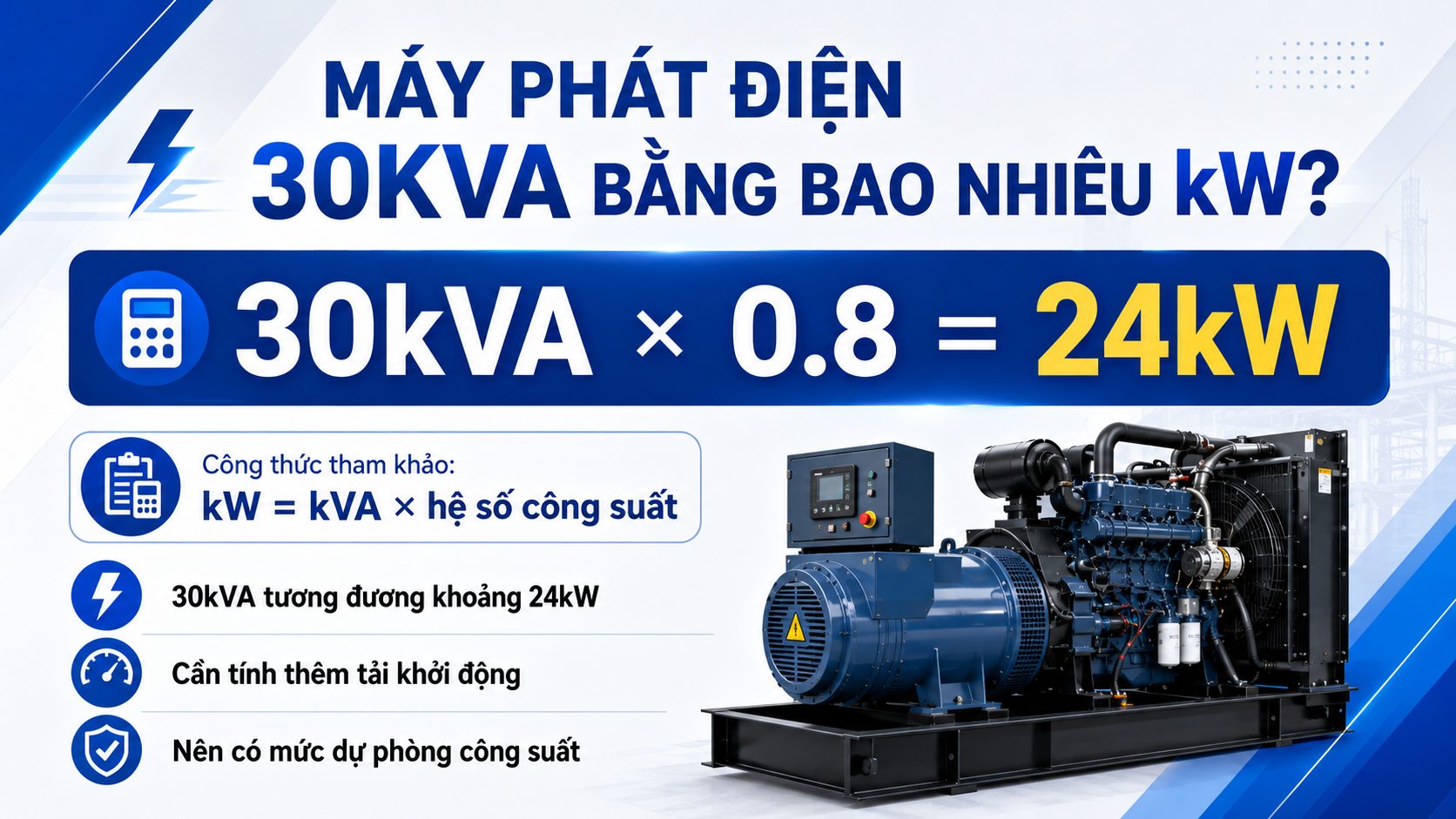 Máy phát điện 30kVA tương đương khoảng 24kW theo hệ số công suất 0.8