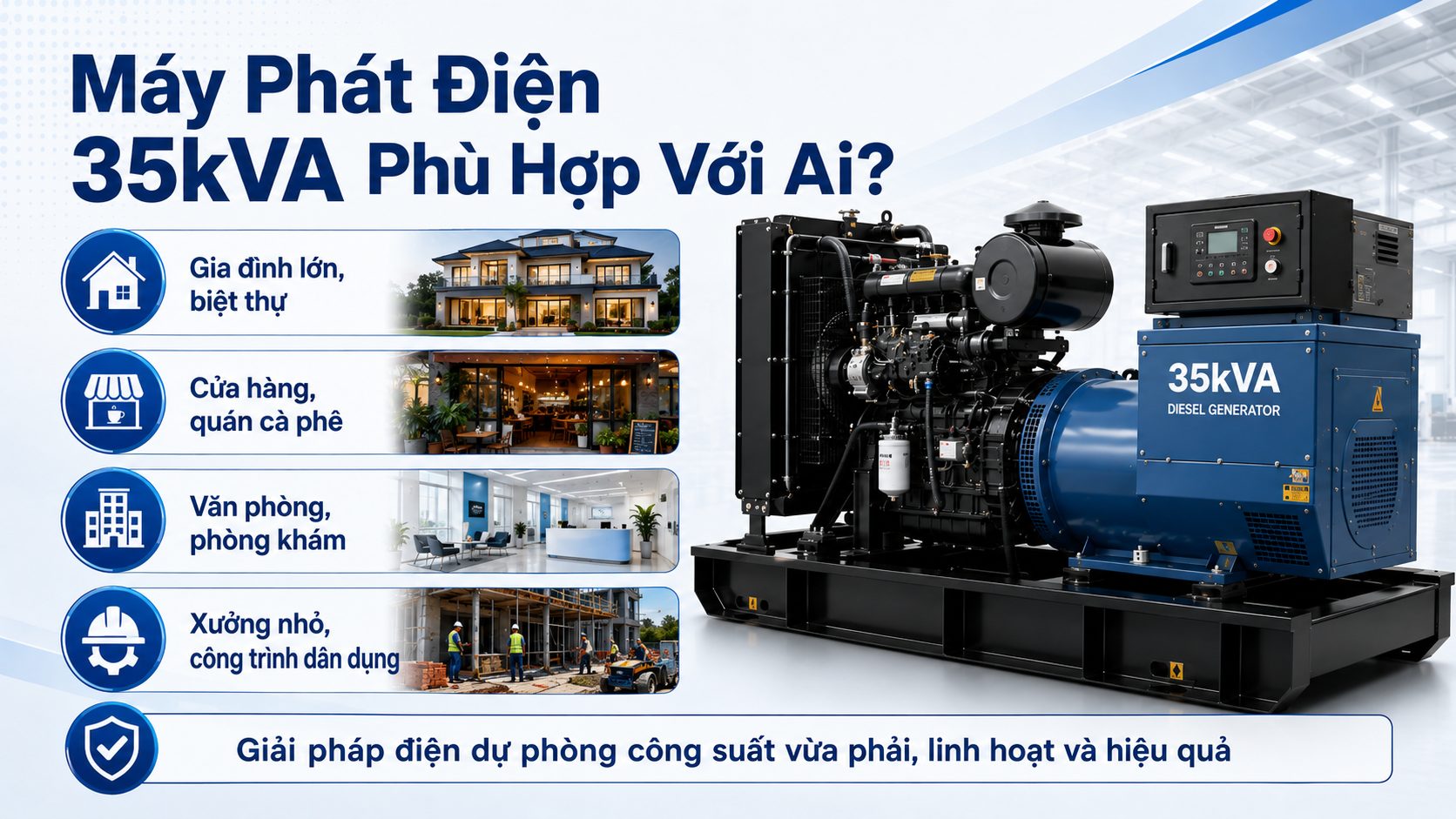 Máy phát điện 35kVA phù hợp cho gia đình lớn, biệt thự, cửa hàng, quán cà phê, văn phòng và công trình dân dụng