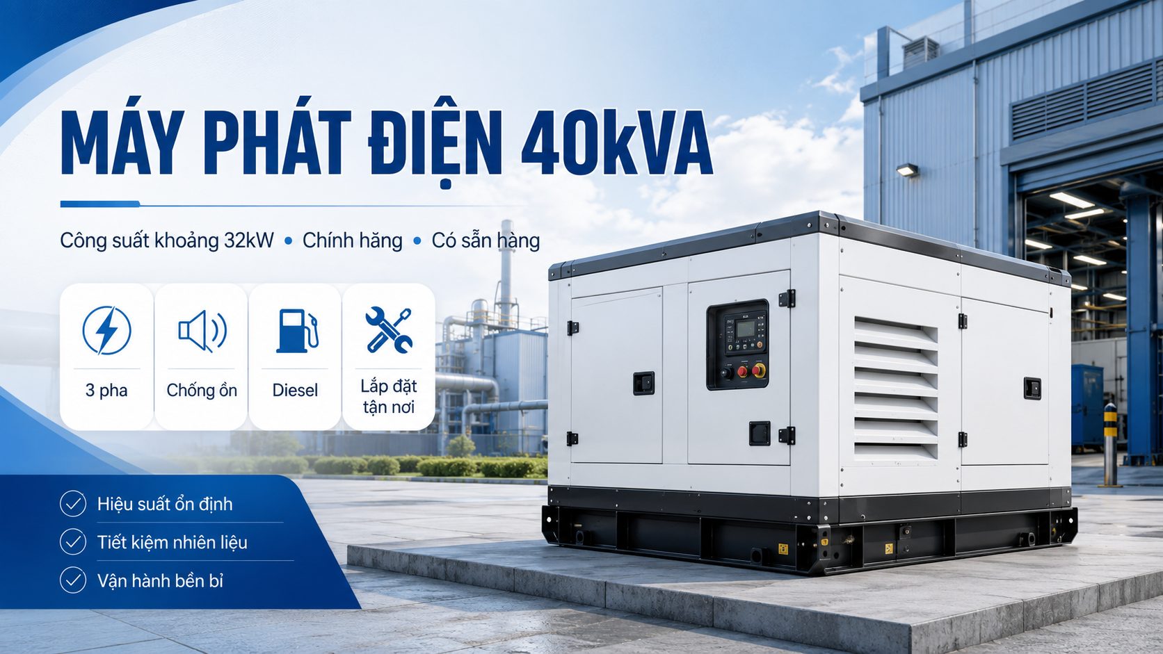 Máy phát điện 40kVA chính hãng công suất khoảng 32kW dùng cho công trình dân dụng và công nghiệp