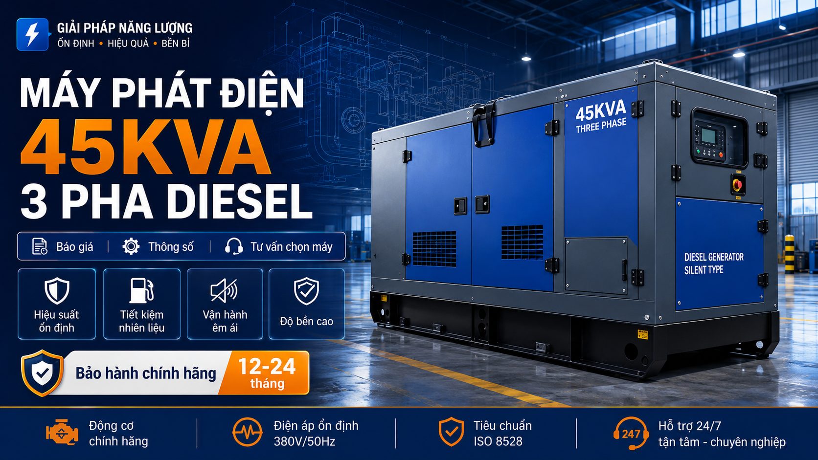 Máy phát điện 45kVA 3 pha vỏ chống ồn chạy dầu diesel dùng cho nhà xưởng, văn phòng và công trình