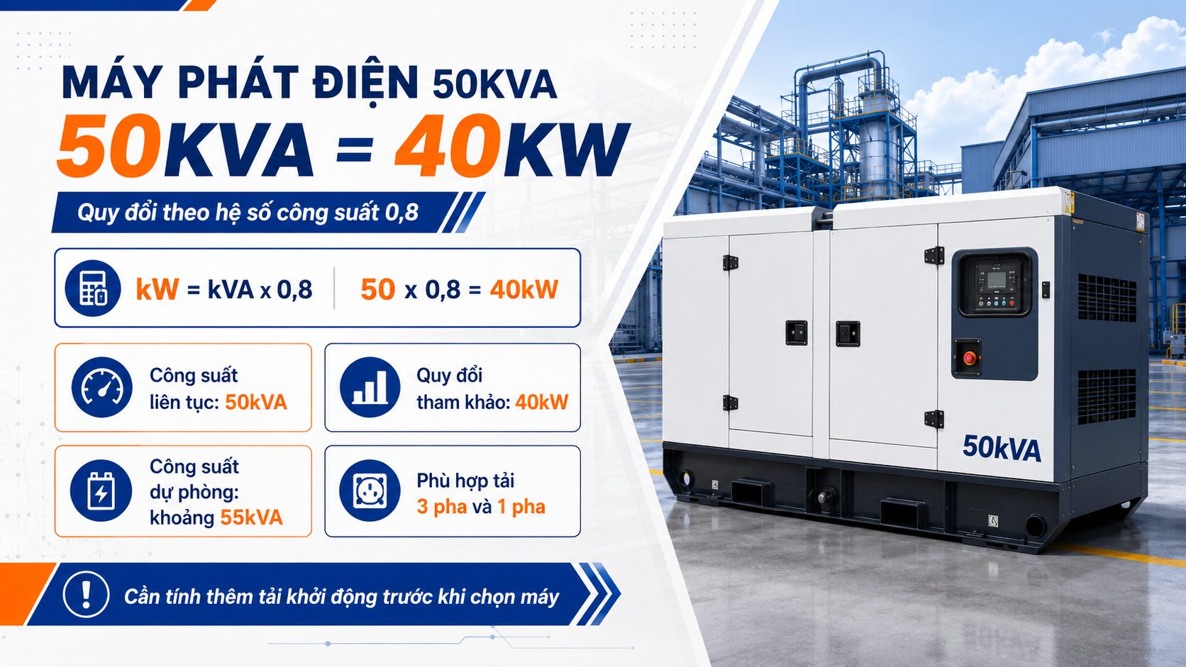 Infographic máy phát điện 50kVA bằng 40kW theo hệ số công suất 0,8 và lưu ý tính tải khởi động