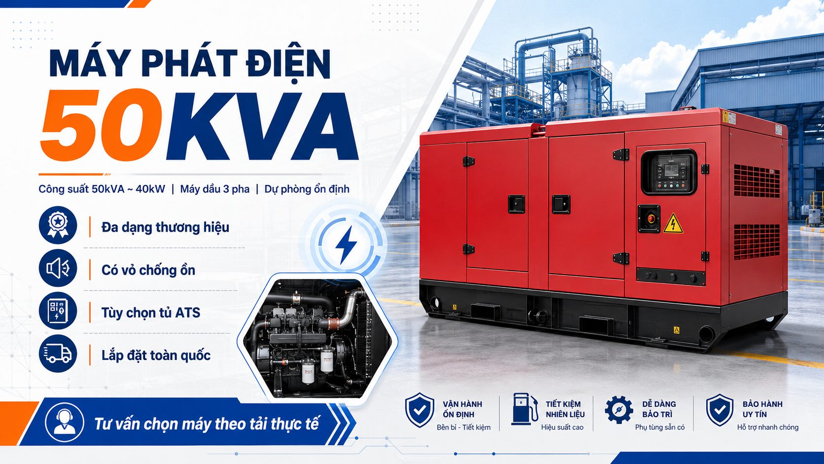 Máy phát điện 50kVA vỏ chống ồn dùng cho nhà xưởng, khách sạn và công trình cần nguồn điện dự phòng ổn định