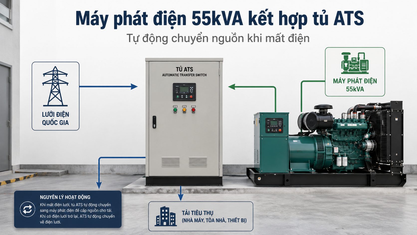 Máy phát điện 55kVA kết nối tủ ATS tự động chuyển nguồn khi mất điện