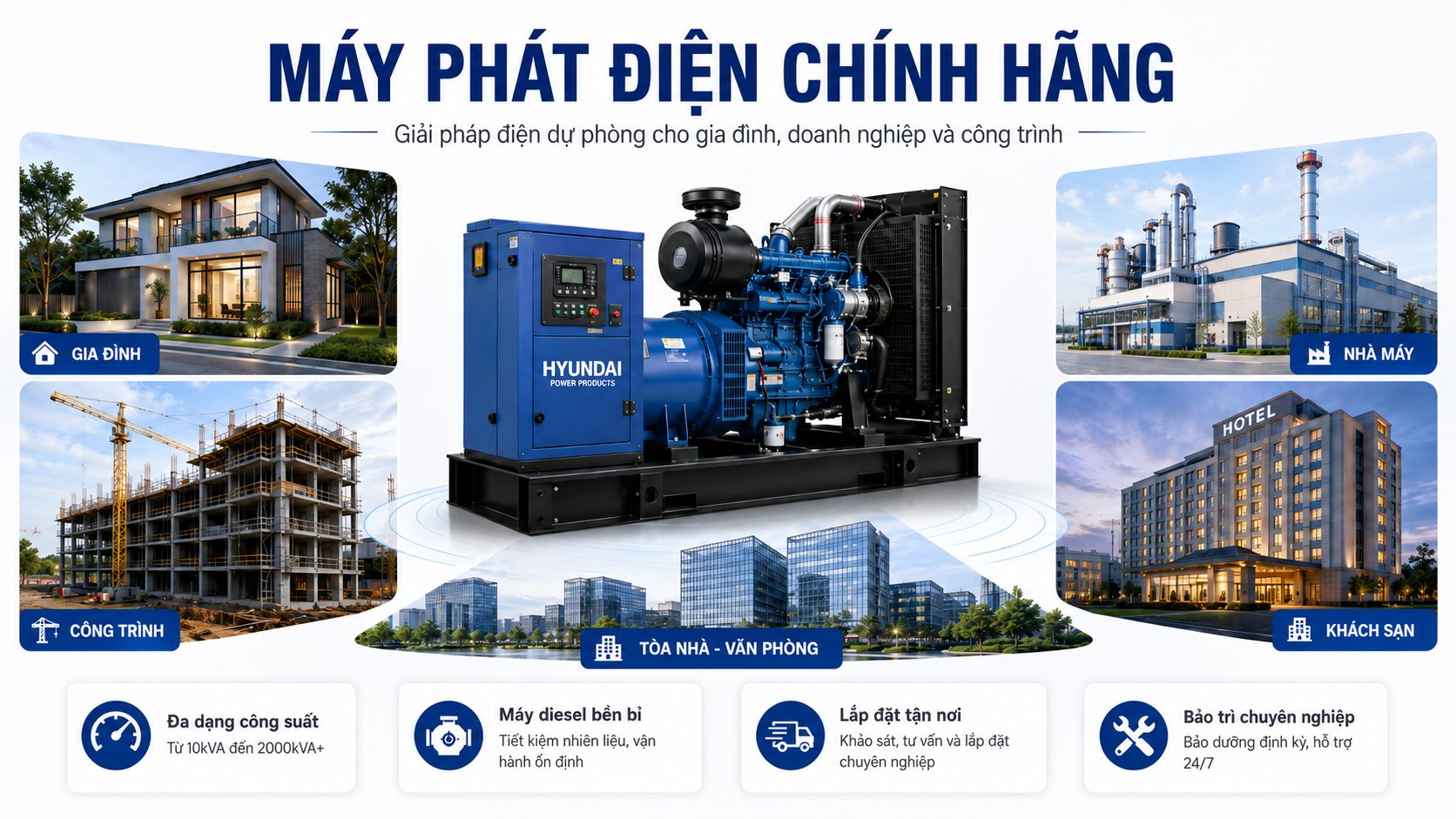 Máy phát điện công nghiệp chính hãng dùng làm nguồn điện dự phòng cho gia đình, nhà máy, khách sạn, công trình và tòa nhà văn phòng