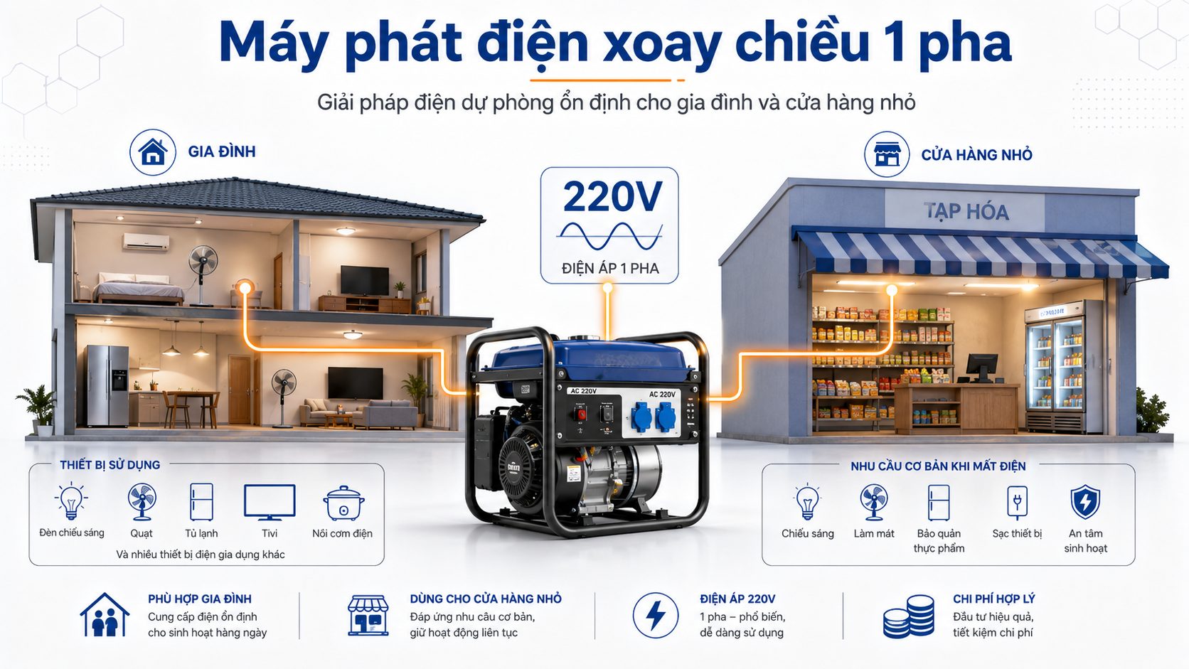 Máy phát điện xoay chiều 1 pha 220V dùng cho gia đình, cửa hàng nhỏ và thiết bị dân dụng