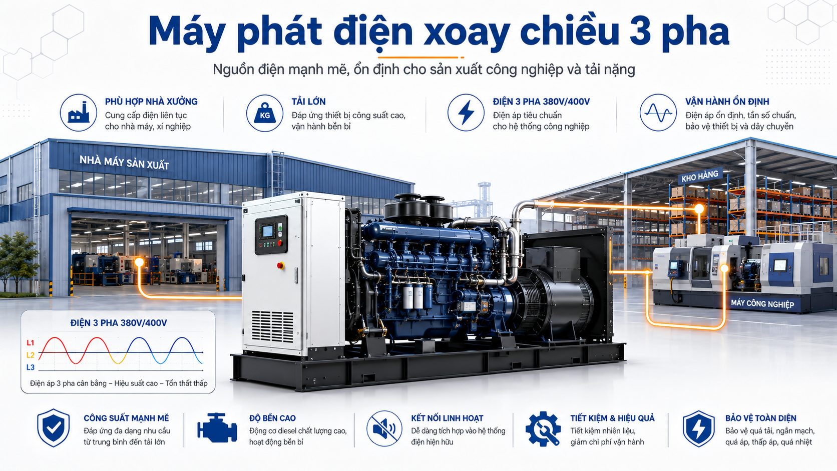 Máy phát điện xoay chiều 3 pha 380V 400V dùng cho nhà xưởng, máy móc công nghiệp và tải lớn