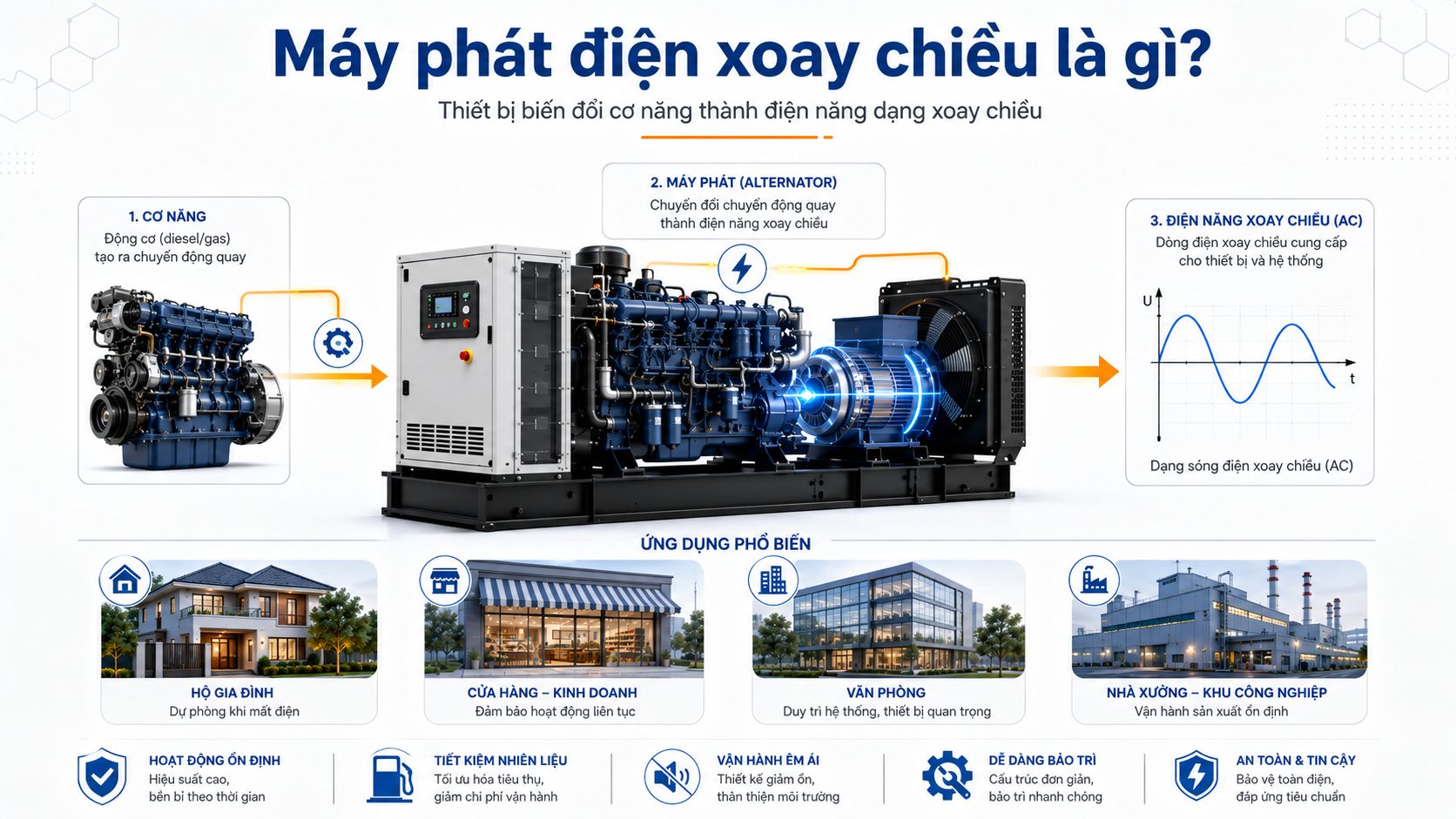 Máy phát điện xoay chiều biến đổi cơ năng thành điện năng dạng xoay chiều AC