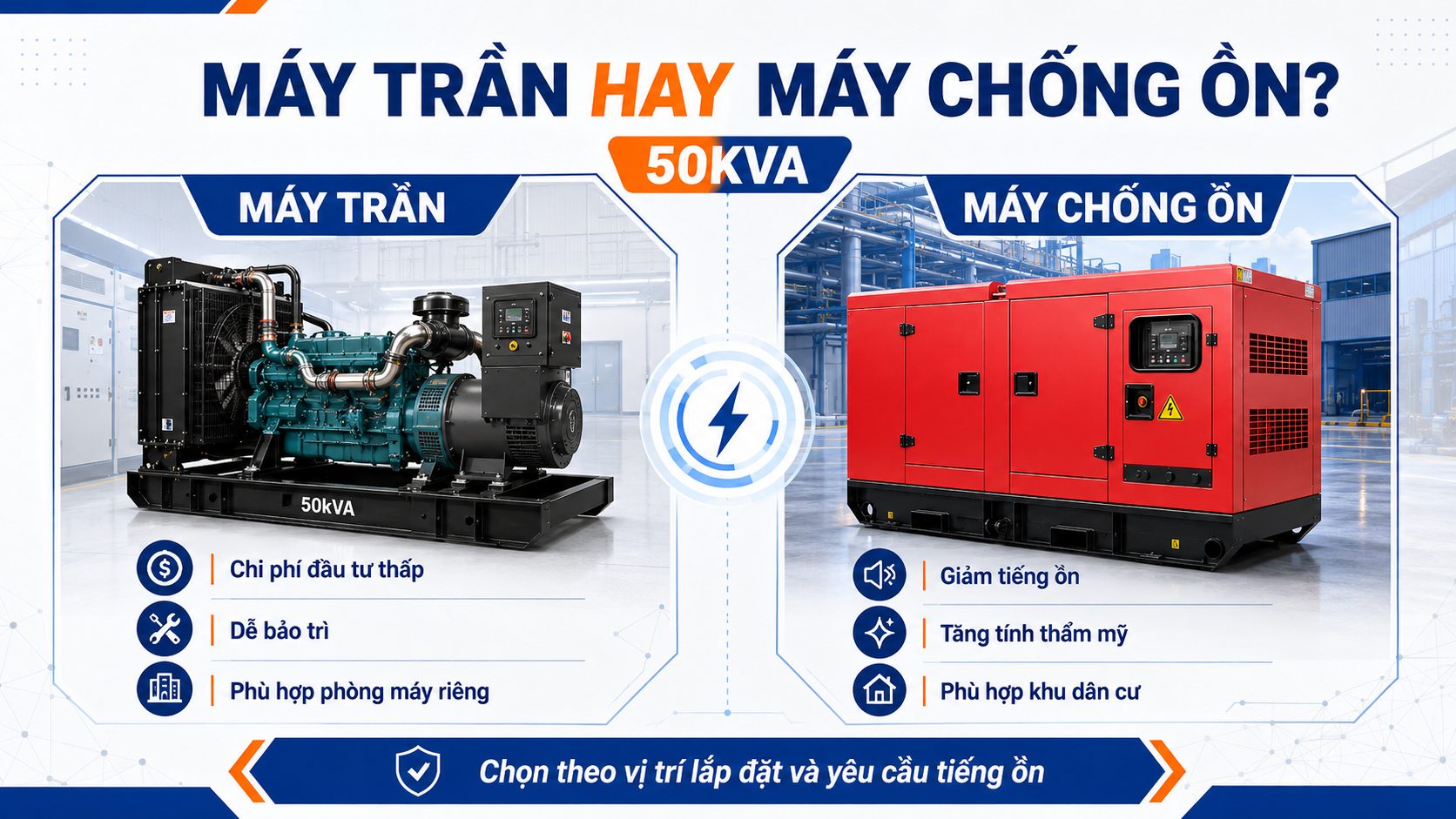So sánh máy phát điện 50kVA trần và máy phát điện 50kVA chống ồn theo vị trí lắp đặt