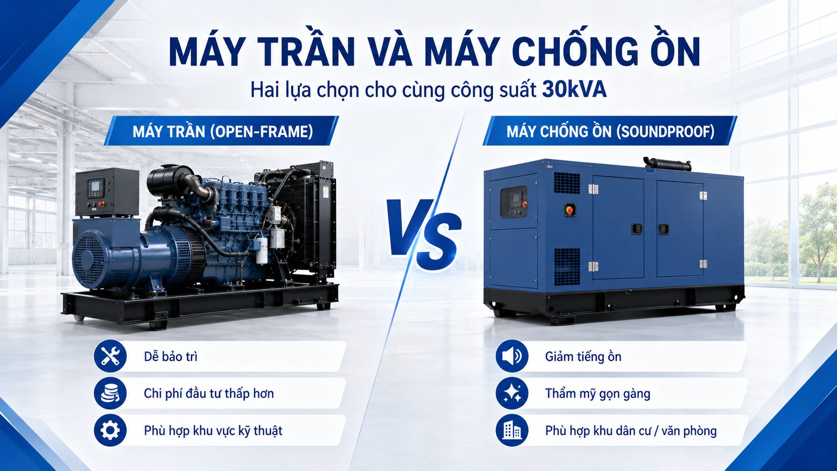 So sánh máy phát điện 30kVA máy trần và máy chống ồn