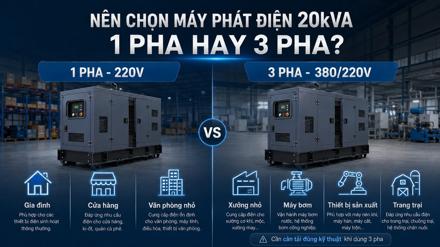 So sánh máy phát điện 20kVA 1 pha 220V và 3 pha 380V cho gia đình, cửa hàng, văn phòng nhỏ, xưởng sản xuất, máy bơm và trang trại
