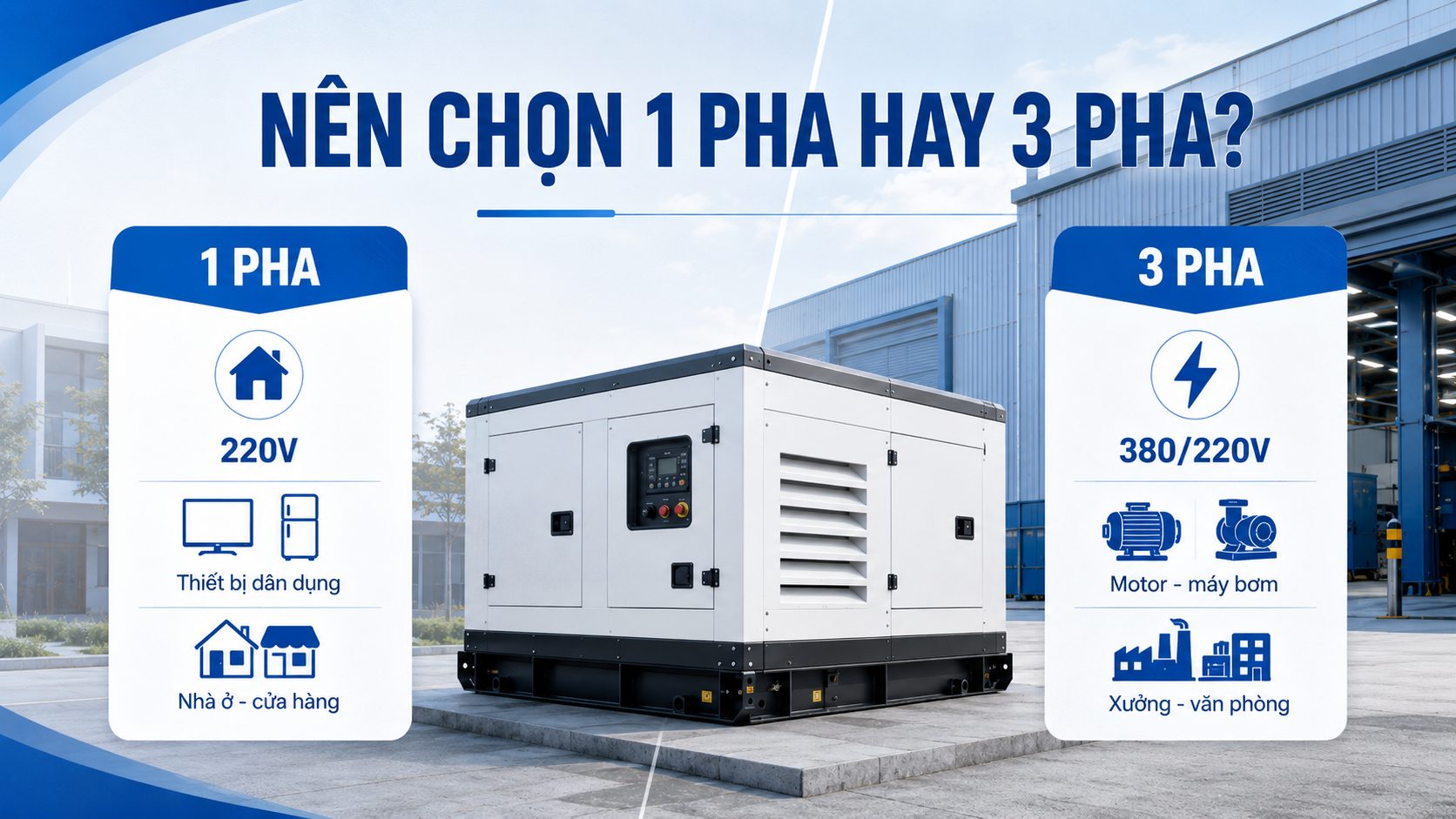 So sánh máy phát điện 40kVA 1 pha và 3 pha phù hợp cho nhà ở, cửa hàng, văn phòng và xưởng sản xuất