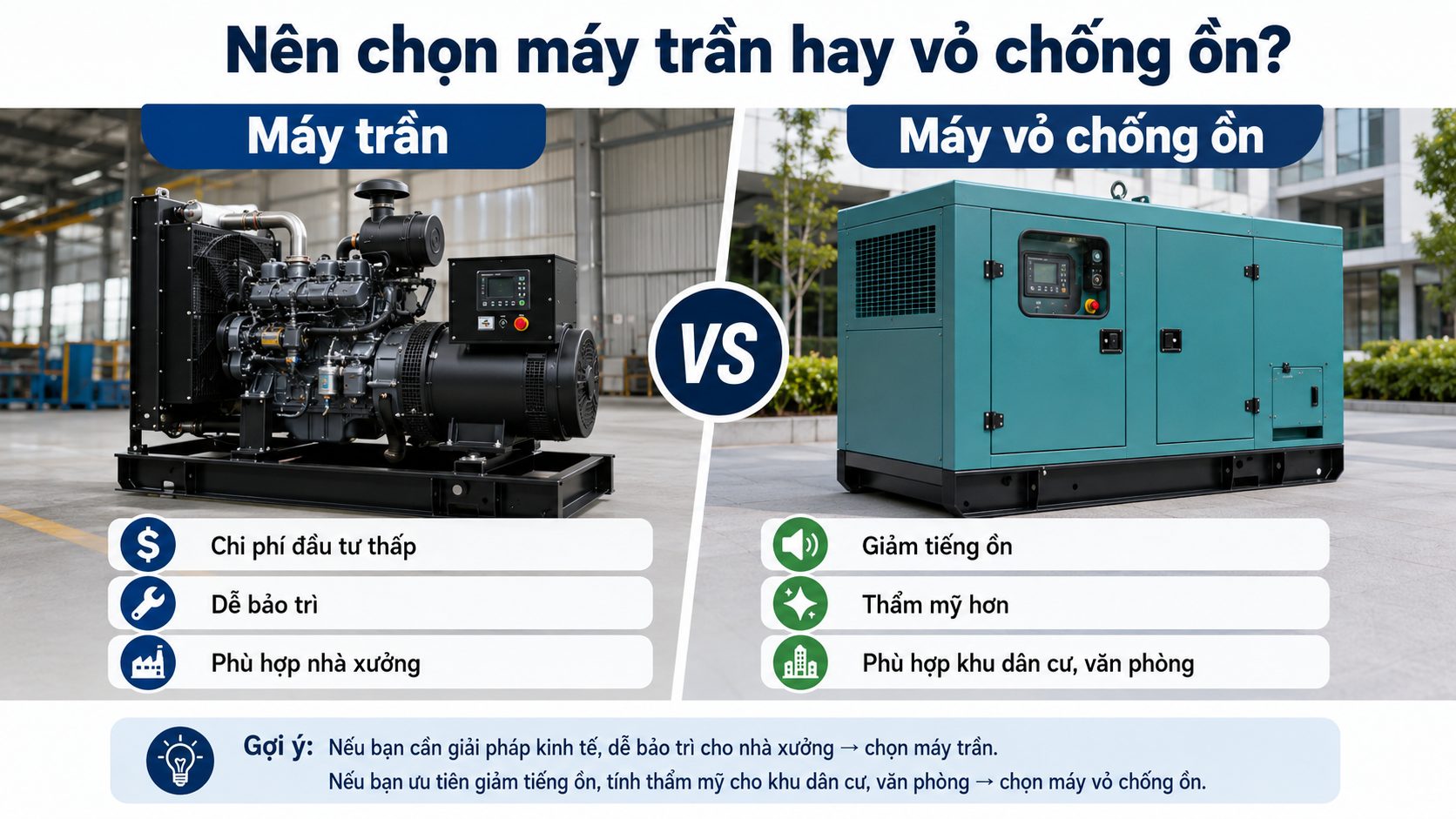 So sánh máy phát điện 55kVA dạng máy trần và máy vỏ chống ồn