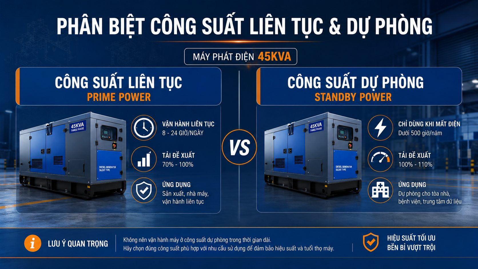 So sánh công suất liên tục Prime Power và công suất dự phòng Standby Power của máy phát điện 45kVA