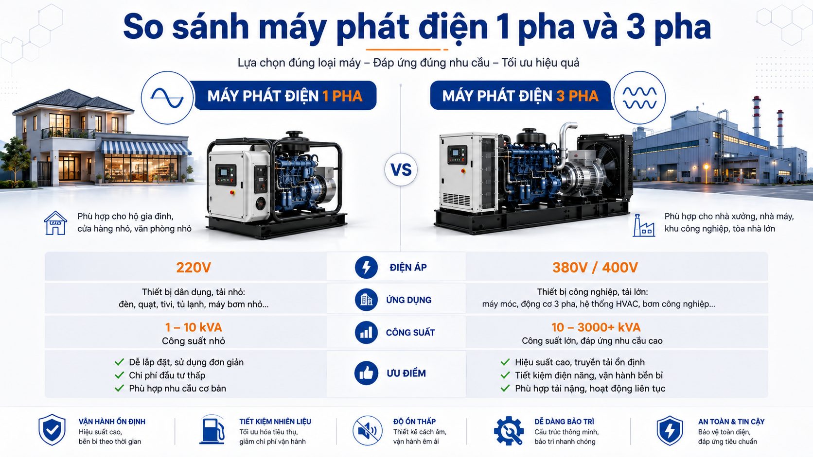 So sánh máy phát điện xoay chiều 1 pha và 3 pha theo điện áp, công suất, ứng dụng và ưu điểm